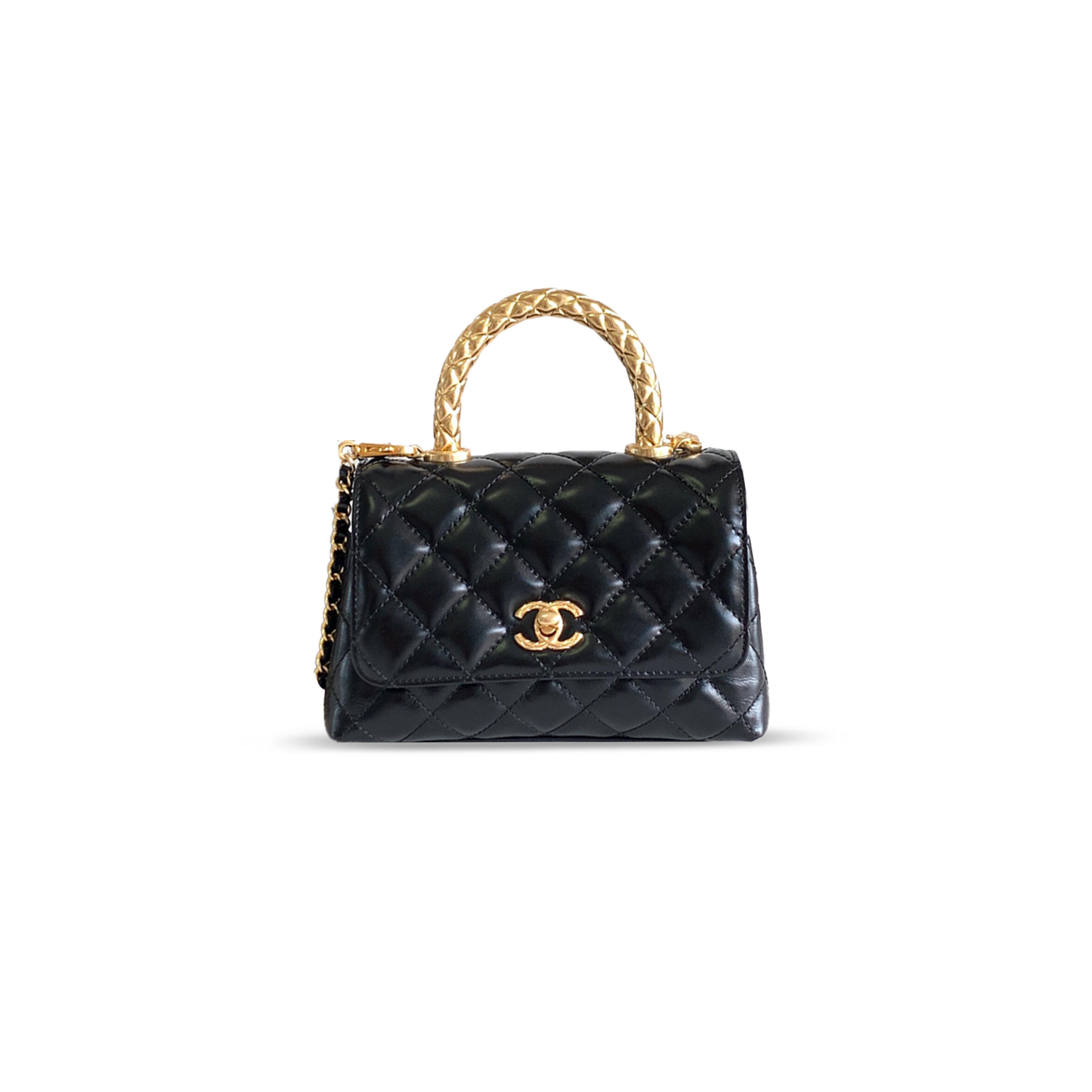 CHANEL MINI FLAP BAG WITH TOP HANDLE CALFSKIN & GOLD METAL BLACK AS2215 (19*13*9cm)